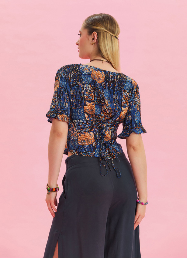 V Neck Lace Back Detail Buttoned Bohemian Blouse 4636